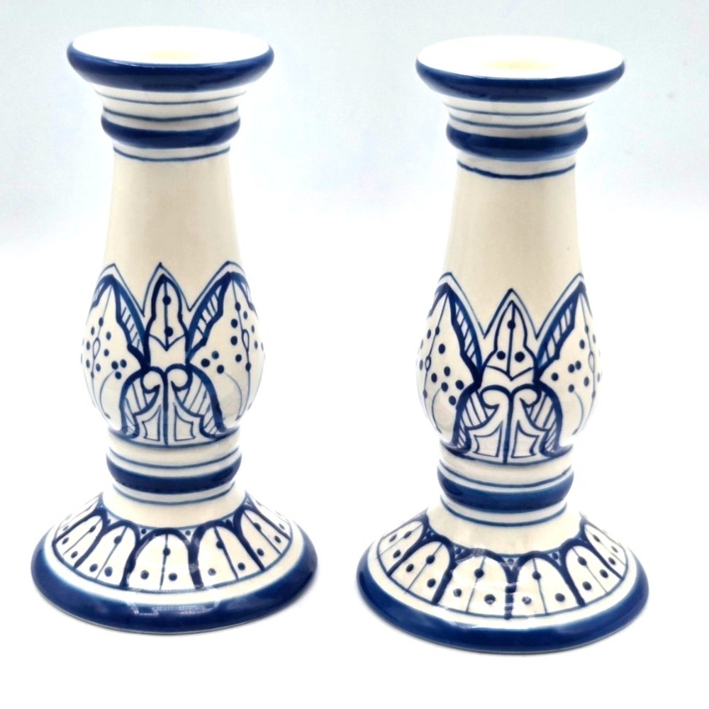 VINTAGE  Pair of Moroccan Inspired Candle Holders - Blue &‎ White -Thailand